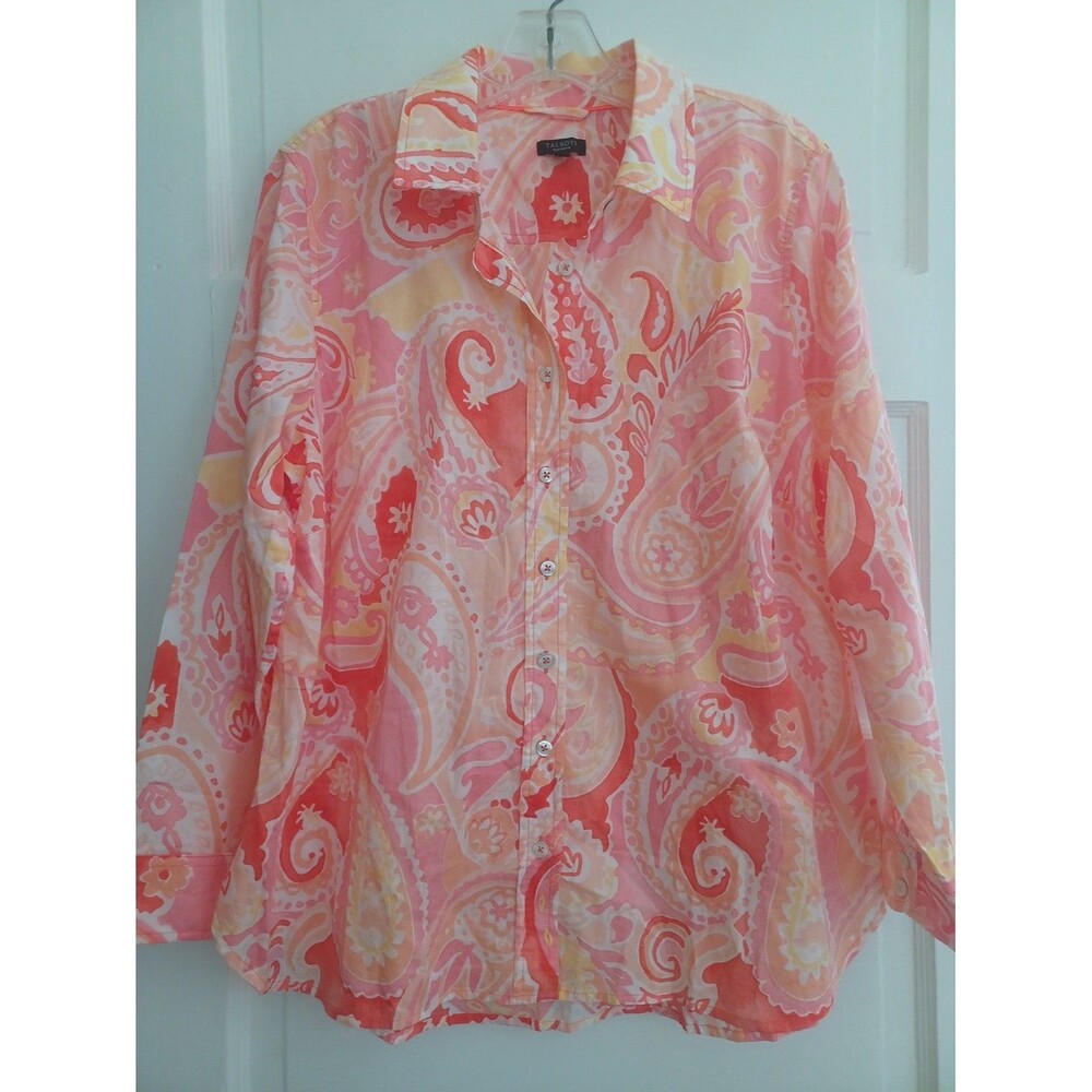 Talbots pink coral paisley cotton buttondown shirt 1XPetite plus sz preppy